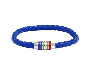 Mens Bracelets Leather,Hand-Woven Wrapped Niche Design Fashion Magnetic Clasp Rainbow Stripe Leather Bracelet, Energy Jewellery for Women Men Blue
