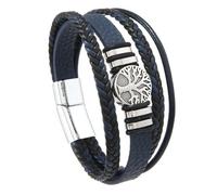 Mens Bracelets Leather, Hand-Wovenmulti-Layer Braided Leather Bracelet with Antique Silver Tree Of Life Charm, Magnetic Clasp Wristband, Nature Inspired Jewelry for Men Blue 19Cm