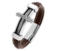 Mens Bracelets Leather, Mens Cross Leather Bracelets Stackable Crucifix Cuff Wristband Magnetic Clasp Vintage Meditation Amulet Good Luck Accessories For Women Brown 20Cm