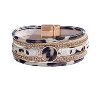 Mens Bracelets Leather, Multi-Layer Leather Wrap Bracelet For Women Handmade Braided Leopard Bangle With Magnetic Clasp Vintage Crystal Jewelry Gift For Women Teen Girls Rose Golden