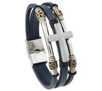Mens Bracelets Leather, Multi-Layer Leather Wrap Bracelet With Cross Handmade Braided Faith Crucifix Cuff Wristband Meditation Jewelry Good Luck Accessories For Women Blue