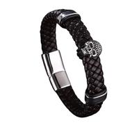 Mens Bracelets Leather, Punk Rock Skull Bracelet For Mens Handmade Braided Cuff Bangle With Magnetic Clasp Halloween Jewellery Gifts For Boyfriend Brother Brown 18.5Cm