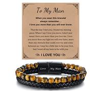 Mens Bracelets Mens Gifts for Christmas, Black Leather Bracelet Tiger Eye Stone Bead Bracelet for Men, Anniversary Birthday Gift for Him Fiance Soulmate Husband Boyfriend