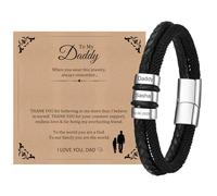 Mens Bracelets Personalised Dad Gift - Father's Day Daddy Mens Leather Bracelet with Kids Name Braided Bracelet for Grandad Presents Birthday Thanksgiving Day Gifts from Daughter Son (Black - 3 beads)