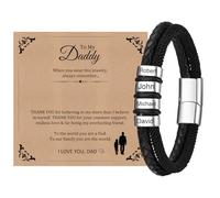 Mens Bracelets Personalised Dad Gift - Father's Day Daddy Mens Leather Bracelet with Kids Name Braided Bracelet for Grandad Presents Birthday Thanksgiving Day Gifts from Daughter Son (Black-4 beads)