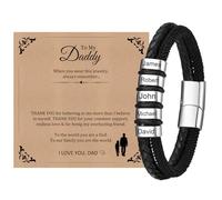 Mens Bracelets Personalised Dad Gift - Father's Day Daddy Mens Leather Bracelet with Kids Name Braided Bracelet for Grandad Presents Birthday Thanksgiving Day Gifts from Daughter Son (Black - 5 beads)