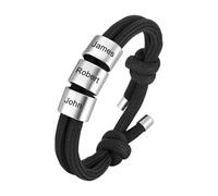 Mens Bracelets Personalised Dad Gift - Father's Day Daddy Mens Leather Bracelet with Kids Name Braided Bracelet for Grandad Presents Birthday Thanksgiving Day Gifts from Daughter Son (Black#3-3 Bead)