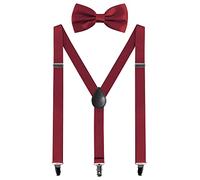 Mens Braces and Bow Tie Set, Suspenders Braces for Men Trousers with 3 Strong Clips, Elastic Adjustable Formal Braces for Wedding Business Daily-Wear (Burgundy)