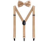 Mens Braces and Bow Tie Set, Suspenders Braces for Men Trousers with 3 Strong Clips, Elastic Adjustable Formal Braces for Wedding Business Daily-Wear (Khaki)