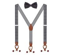 Men's Braces Bow Tie Set 2 WAY 2 WEAR Button End 6 Buttonhole 3 Clips Y-Back Leather Lengthened Suspenders Fits Height 160-200cm - Grey Paisley