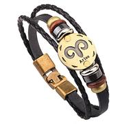 Men's Braided Leather Bracelet Black Handmade Zodiac Wristband Vegetable Tanned Aries Mens Jewellery With Pouch Birthday Gifts For Boyfriend Best Friend