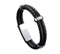 Men's Braided Leather Bracelet Braided Rope Wristband With Magnetic Clasp Double Layer Leather Cord Viking Jewellery Gifts Husband Boyfriend Black 17.5Cm