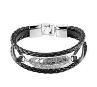 Men's Braided Leather Bracelet Feather Angel Wings Leather Cuff Wristband With Buckle Vintage Stackable Multi-Layer Punk Rock Jewellery For Women Men Black+Silver Buckle 21Cm