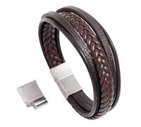 Men's Braided Leather Bracelet, Handmade Braided Bracelet With Magnetic Clasp Multi Strand Leather Bangles Vintage Cuff Bangle Charming Jewelry For Men Women Brown+Silver Buckle 21Cm