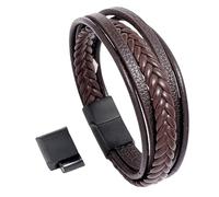 Men's Braided Leather Bracelet, Handmade Braided Bracelet With Magnetic Clasp Multi Strand Leather Bangles Vintage Cuff Bangle Charming Jewelry For Men Women Brown+Black Buckle 21Cm