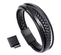 Men's Braided Leather Bracelet, Handmade Braided Bracelet With Magnetic Clasp Multi Strand Leather Bangles Vintage Cuff Bangle Charming Jewelry For Men Women Black+Black Buckle 23Cm