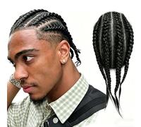 Mens Braided Toupee Real Human Hair, PU Base Mens Cornrow Wig for Men, Hand Braided African Braids Hair System, Invisible Ultra Thin PU Mens Hairpiece for Thinning Hair, Natural Black