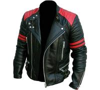 Men's Brando Classic Vintage Cafe Racer Black & Red Stripes Quilted Vintage Biker Genuine Real Sheepskin Leather Jacket (UK, Alpha, S, Regular, Regular, Black & Red)