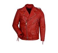 Men's Brando Red Classic Motorcycle Motorbike Genuine Cowhide Leather Jacket (Small)