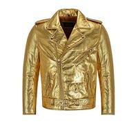 Men's Brando Slim-FIT Gold/Silver Foiled Leather Jacket Biker Racer Jacket SRMBF (S, Gold)