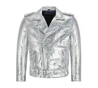 Men's Brando Slim-FIT Gold/Silver Foiled Leather Jacket Biker Racer Jacket SRMBF (XL, Silver)
