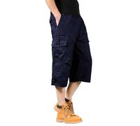 Men's Breathable Lightweight Multi-Pocket Cargo Shorts,Outdoor Solid Color Loose Fit 3/4 Length 0036 Navy Blue L