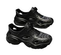 Men's Breathable Perforated Sandals, 5cm Thick Sole Cloud Slides, Rotary Buckle Lace Up Casual Shoes for Driving Outdoor Summer(Black,7 UK)