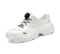 Men's Breathable Perforated Sandals, 5cm Thick Sole Cloud Slides, Rotary Buckle Lace Up Casual Shoes for Driving Outdoor Summer(White,6.5 UK)