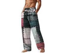 Men's Breathable Summer Linen Trousers Patchwork Lightweight Casual Trousers Irregular Pattern Straight Trousers Wide Drawstring Beach Trousers Airy Travel Outdoor Trousers Everyday Street Style
