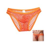 Men's Briefs Mesh Underwear, Bright Orange Sexy Breathable Soft Pouch Underpants for Men, See Through Hollow Elastic Fishnet Lingerie, Gift for Men