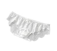 Men's Briefs with Mesh Ventilation and Lace Finish, Low Waist, Bulge Pouch Support, Ice Silk Ultra-Thin Solid Color Breathable Underwear (L White)