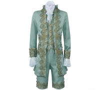 Mens British Gentleman Victorian Tudor Renaissance Cosplay Suit with Stand Collar Coat Vest Pants and Wrist Accessories for Period Costume Occasions (M Green)