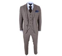 Men's Brown 3 Piece Herringbone Check Wool Blend Tweed Suit - Brown 42