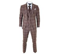 Men's Brown 3 Piece Suit Tweed Check 1920s Gatsby Formal Dress Suits - Brown 52