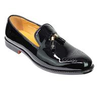 Mens Brown Black Real Leather Patent Tassel Loafers Shiny Wedding Dress Slip on Shoes [LSH-HY62-1-BLACK-41]