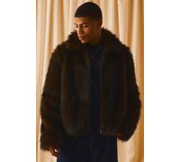 Mens Brown Boxy Fit Faux Fur Collared Jacket, Brown S