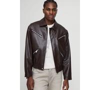 Mens Brown Boxy Fit Zip Detail PU Collared Bomber Jacket, Brown S