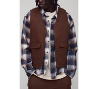 Mens Brown Boxy Overdyed Cargo Quilted Denim Utility Vest, Brown XL