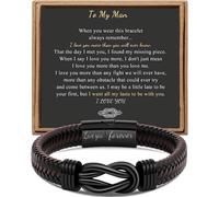 Men's Brown Braided Leather Bracelet for Dad, Husband, Boyfriend - Stainless Steel, Connected Forever - 7.5"/8.5"/49" - Compatible with All