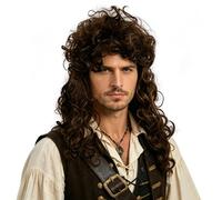Men's Brown Curly Pirate Wig 70CM Long Wavy Captain Costume Wig 70s/80s Disco Party Retro Rock Style Synthetic Hair for Halloween Cosplay Punk Fancy Dress Costume Themed Party Accessories