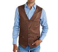 Men's Brown Faux Leather Vest, Slim Fit Vintage Style Waistcoat, Button Closure Gentlemen's Sleeveless Vest, Classic Brown Leather Look Vest with Tailored Fit, Retro Western Cowboy Style Vest