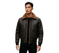 Men's Brown Leather Aviator Bomber Detachable Sheepskin Collar G-1 Pilot Jacket