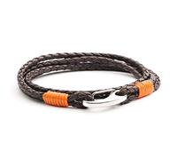 Men's Brown Leather Bracelet + Bright Orange Binding Double Wrap, Stainless Steel Shrimp Clasp, 21cm. Great Gift by Tribal Steel