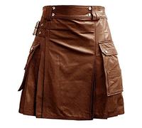 Mens Brown Leather Utility Kilt - Tactical Gladiator Skirt with Twin Cargo Pockets | Flat Front Design for LARP, Costume