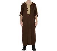 Men's Brown Moroccan Thobe Half Sleeve Gandoura Beige Embroidery Kaftan Eid Ramadan - Brown Beige 3XL-62