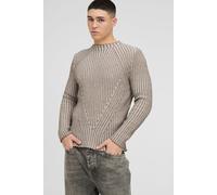 Mens Brown Muscle Fit Two Tone Raglan Ribbed Knitted Jumper, Brown L