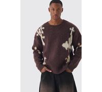 Mens Brown Oversized Boxy Cross Brushed Knitted Jumper, Brown XL