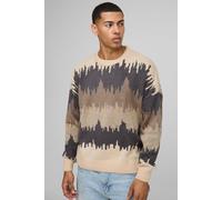 Mens Brown Oversized Boxy Dropped Shoulder Brushed Abstract Knitted Jumper, Brown XL