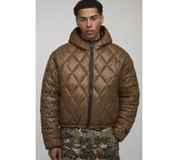 Mens Brown Oversized Boxy High Sheen Diamond Quilted Hooded Funnel Puffer Jacket, Brown XS