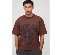 Mens Brown Oversized Boxy Western Graphic Distressed T-Shirt, Brown L